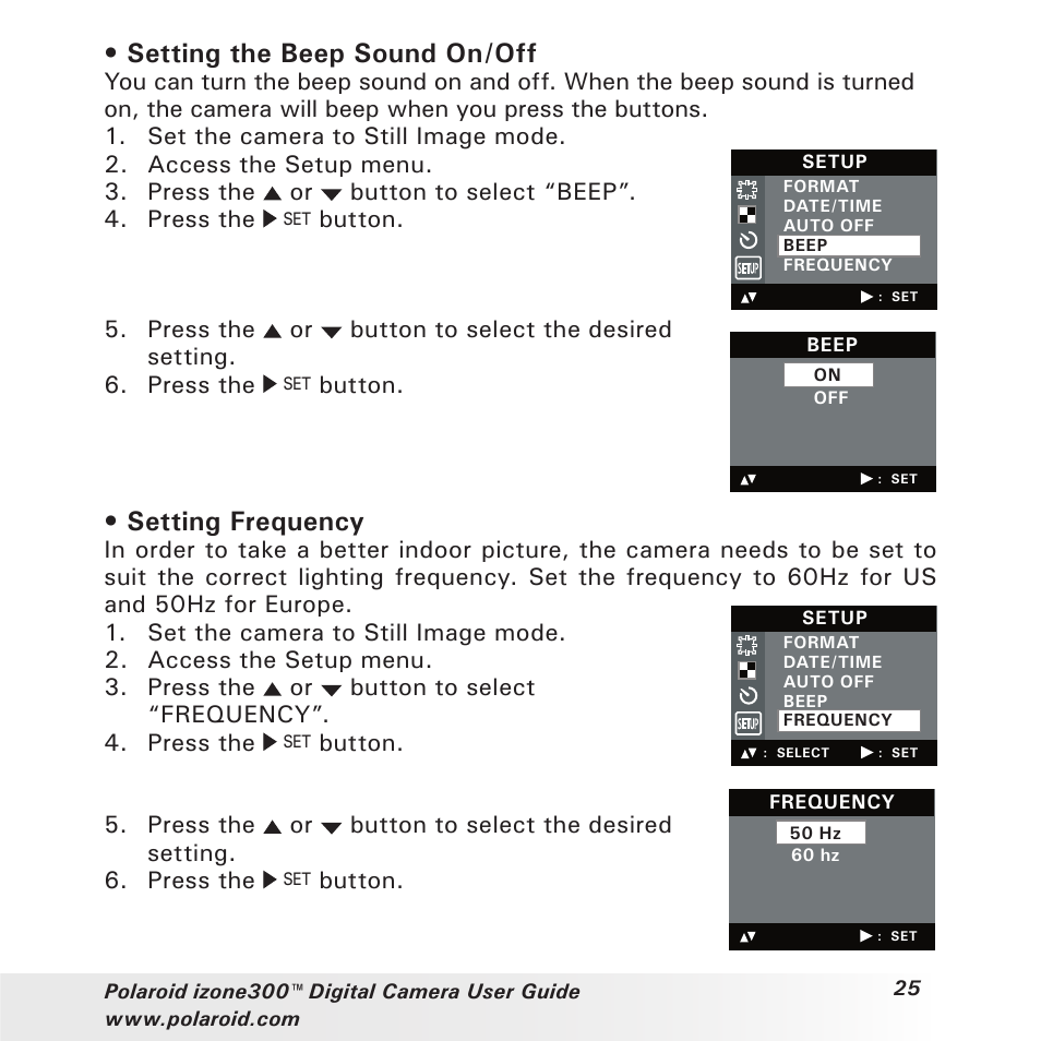 Setting the beep sound on/off, Setting frequency | Polaroid izone300 User Manual | Page 25 / 84