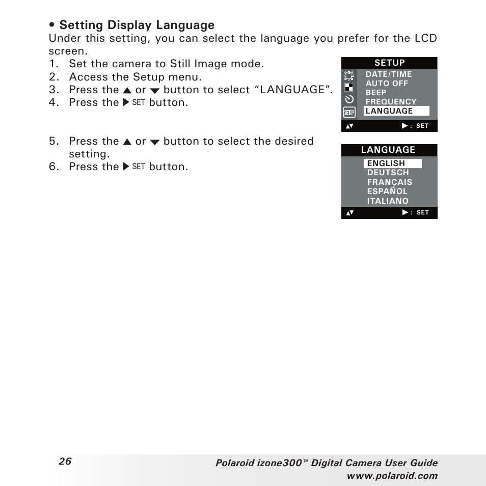 Setting display language, Button | Polaroid izone300 User Manual | Page 26 / 84