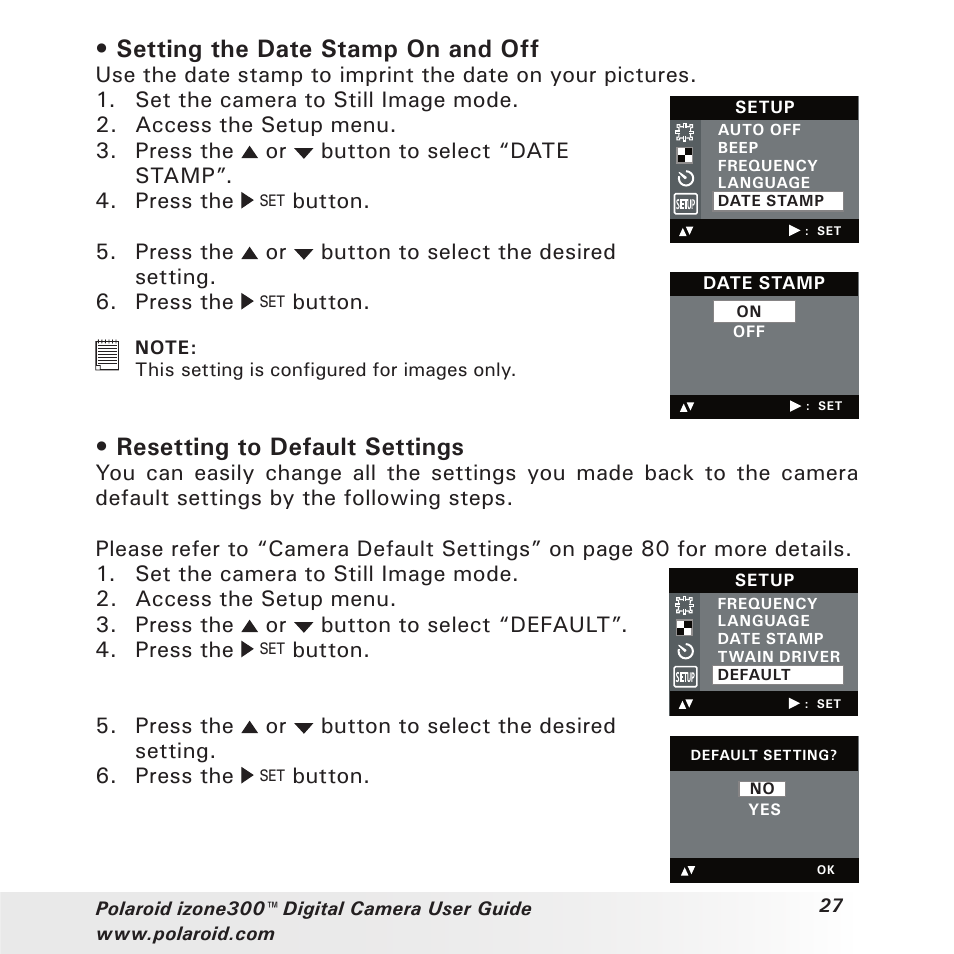 Setting the date stamp on and off, Resetting to default settings | Polaroid izone300 User Manual | Page 27 / 84