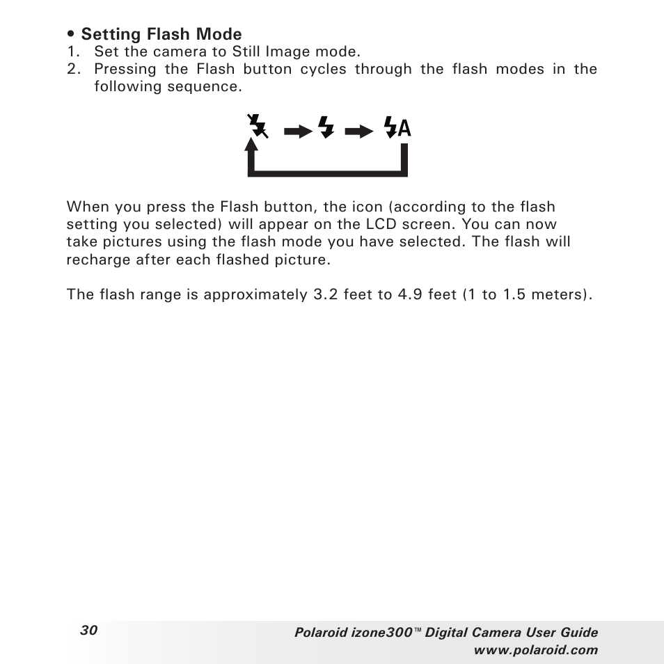 Setting flash mode | Polaroid izone300 User Manual | Page 30 / 84