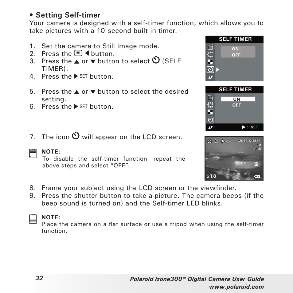 Setting self-timer | Polaroid izone300 User Manual | Page 32 / 84