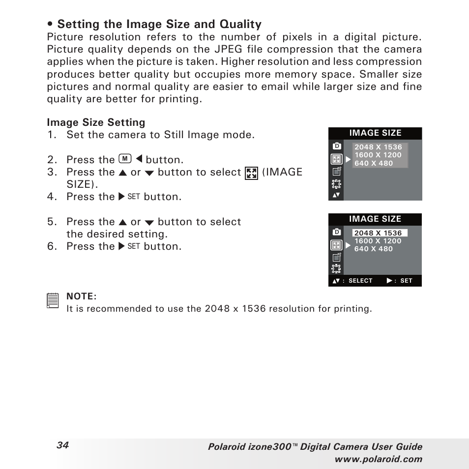 Setting the image size and quality | Polaroid izone300 User Manual | Page 34 / 84