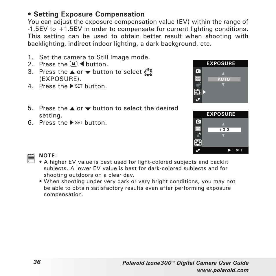 Setting exposure compensation | Polaroid izone300 User Manual | Page 36 / 84