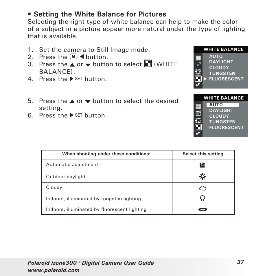 Setting the white balance for pictures | Polaroid izone300 User Manual | Page 37 / 84
