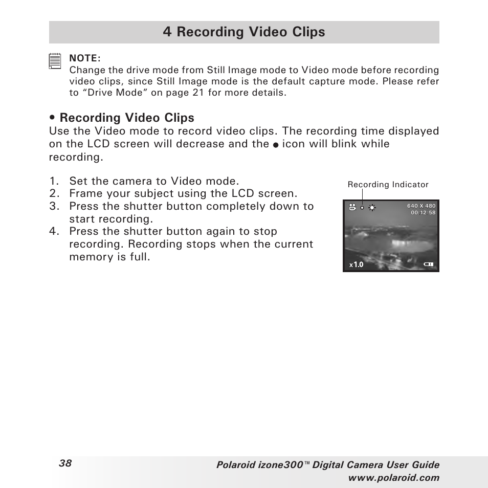 4 recording video clips, Recording video clips | Polaroid izone300 User Manual | Page 38 / 84