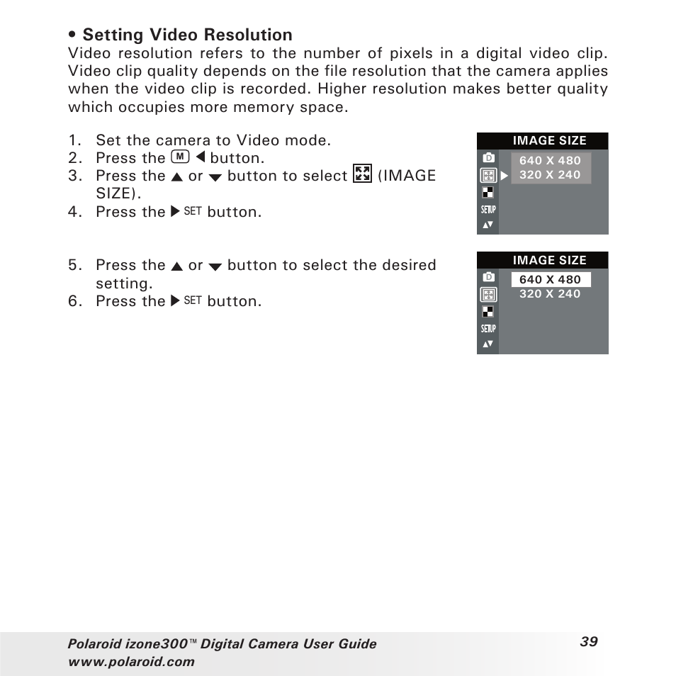 Setting video resolution | Polaroid izone300 User Manual | Page 39 / 84
