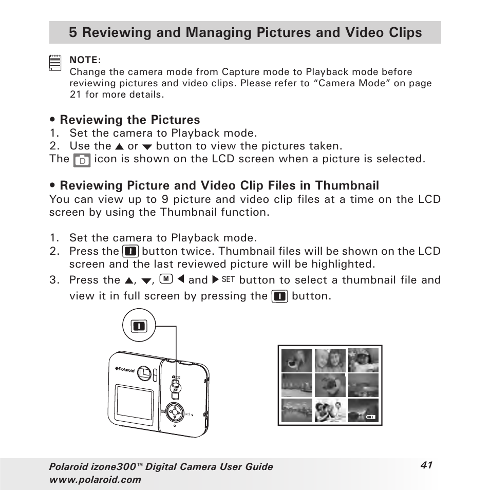 5 reviewing and managing pictures and video clips, Reviewing the pictures | Polaroid izone300 User Manual | Page 41 / 84