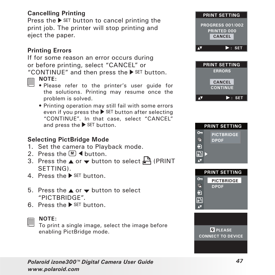 Cancelling printing press the, Button | Polaroid izone300 User Manual | Page 47 / 84