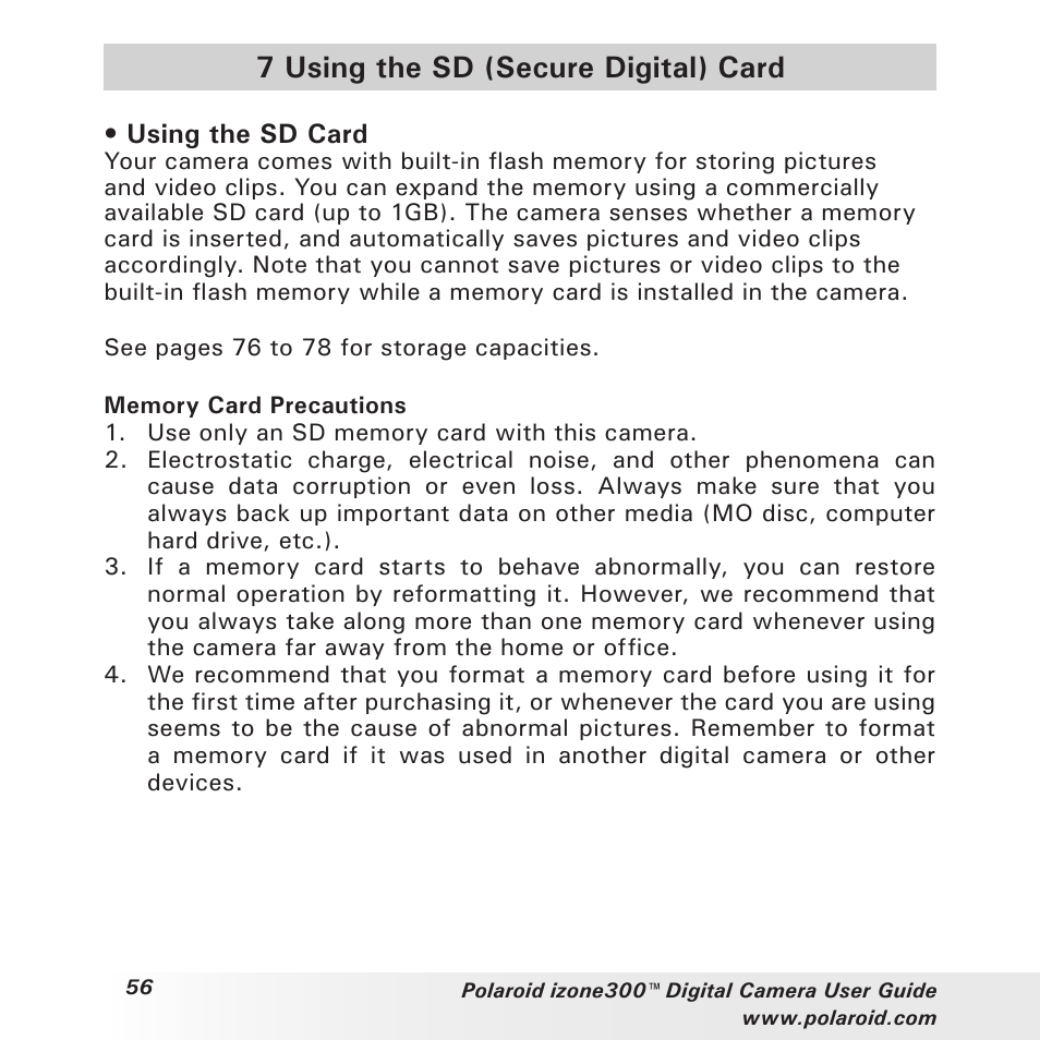 7 using the sd (secure digital) card | Polaroid izone300 User Manual | Page 56 / 84