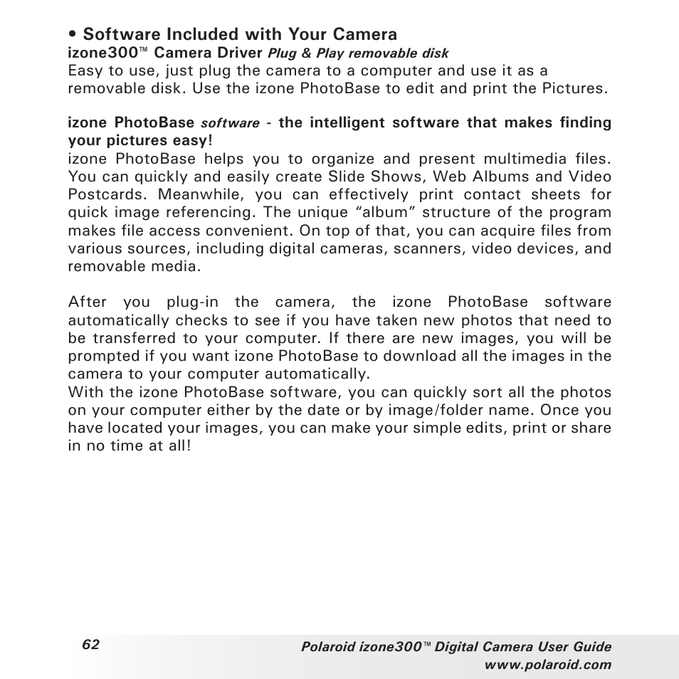 Software included with your camera | Polaroid izone300 User Manual | Page 62 / 84