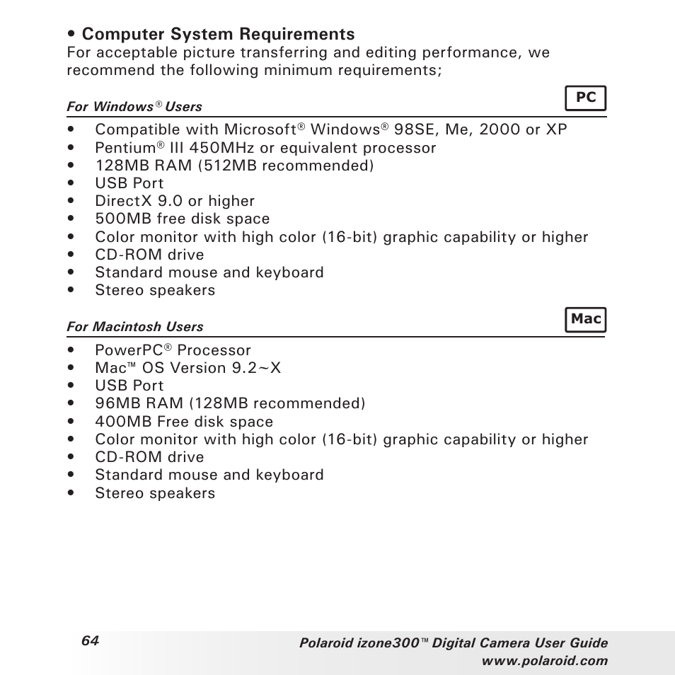 Computer system requirements | Polaroid izone300 User Manual | Page 64 / 84