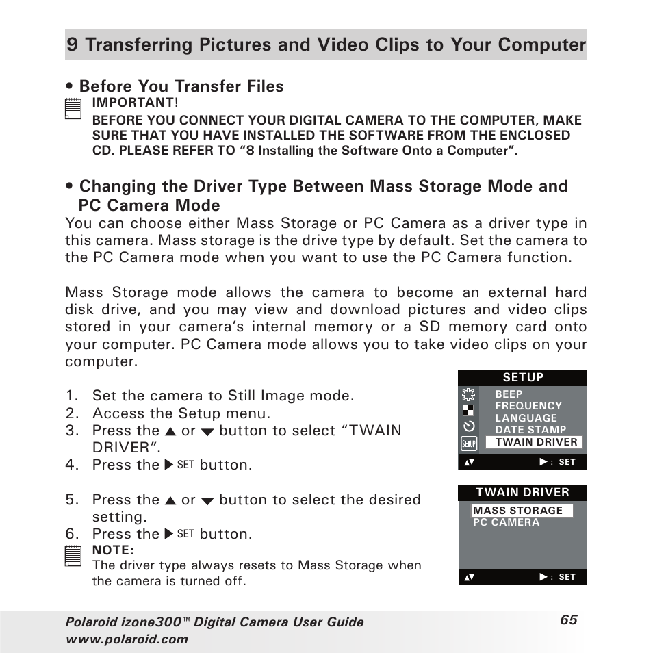 Before you transfer files | Polaroid izone300 User Manual | Page 65 / 84