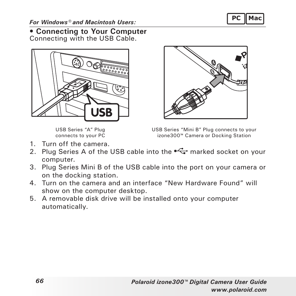 Connecting to your computer | Polaroid izone300 User Manual | Page 66 / 84