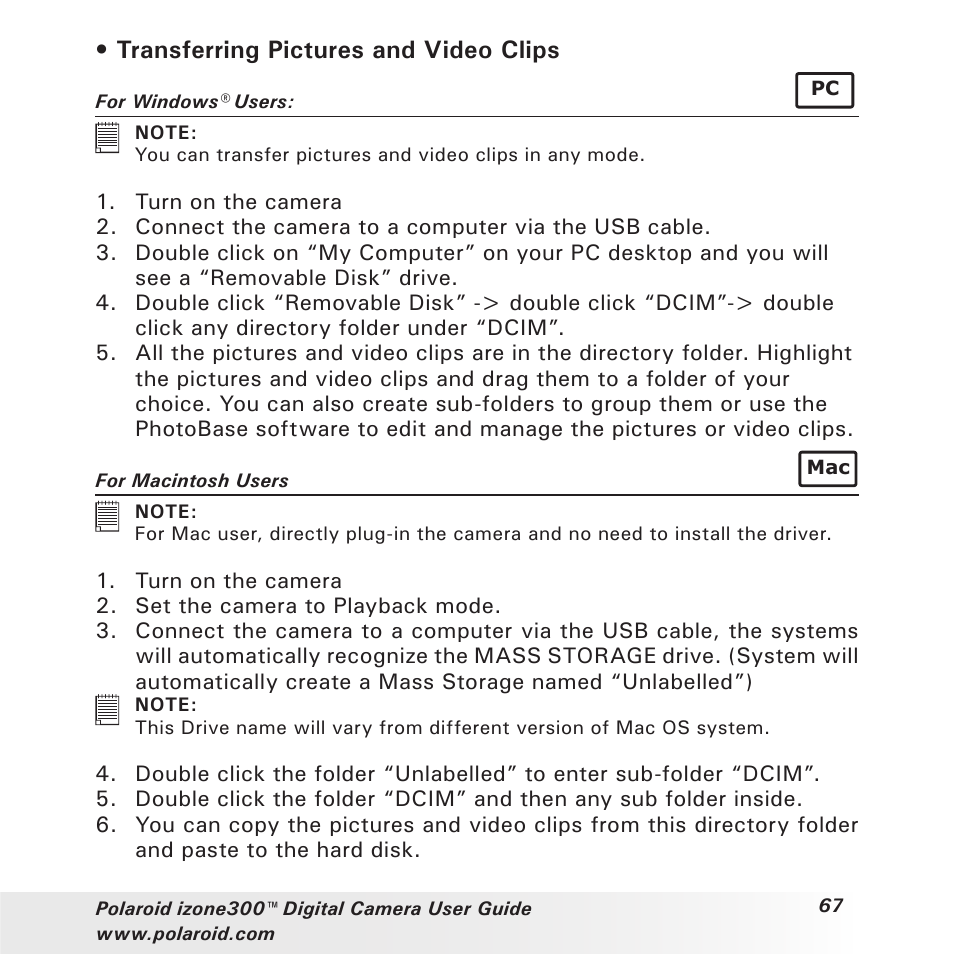 Transferring pictures and video clips | Polaroid izone300 User Manual | Page 67 / 84