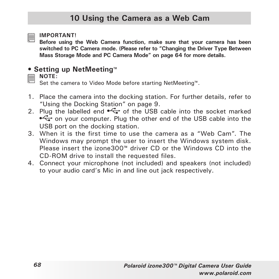 10 using the camera as a web cam, Setting up netmeeting | Polaroid izone300 User Manual | Page 68 / 84