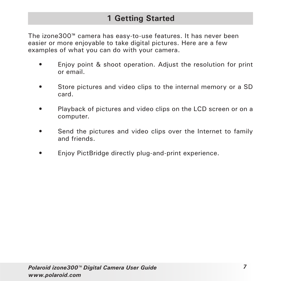 1 getting started | Polaroid izone300 User Manual | Page 7 / 84
