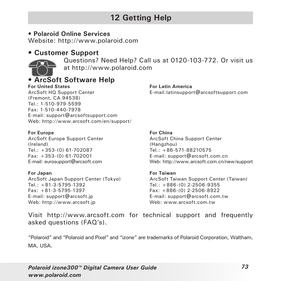 12 getting help, Customer support, Arcsoft software help | Polaroid izone300 User Manual | Page 73 / 84