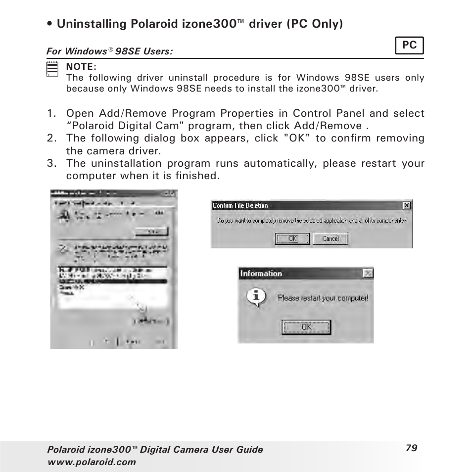 Uninstalling polaroid izone300™ driver (pc only) | Polaroid izone300 User Manual | Page 79 / 84