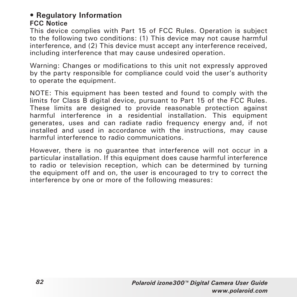 Regulatory information | Polaroid izone300 User Manual | Page 82 / 84