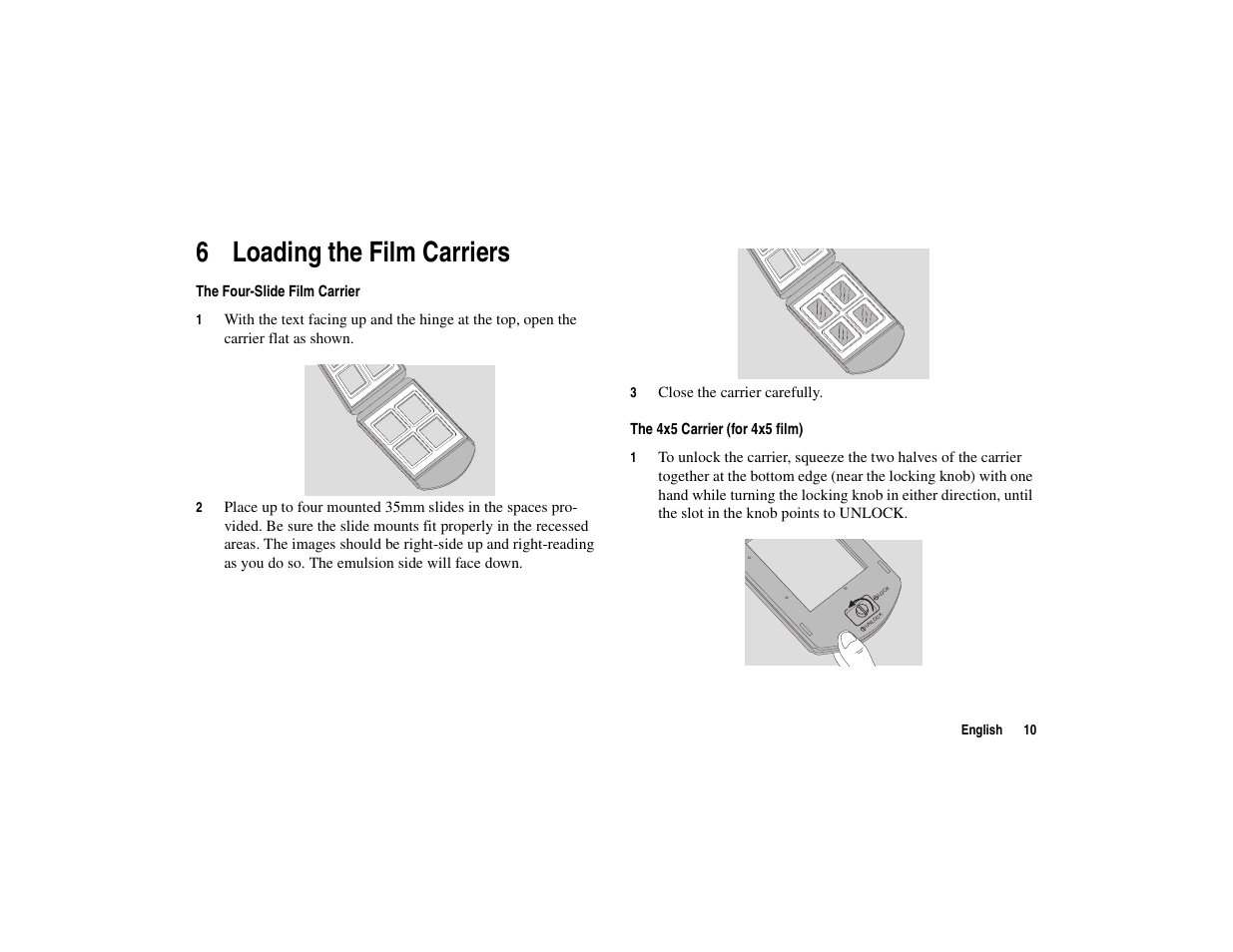 6 loading the film carriers lock, 6 loading the film carriers | Polaroid 45I User Manual | Page 10 / 18