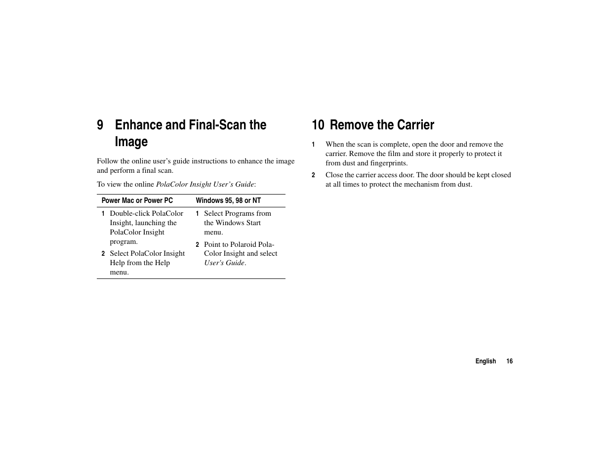 9 enhance and final- scan the image, 10 remove the carrier, 9 enhance and final-scan the image | Polaroid 45I User Manual | Page 16 / 18