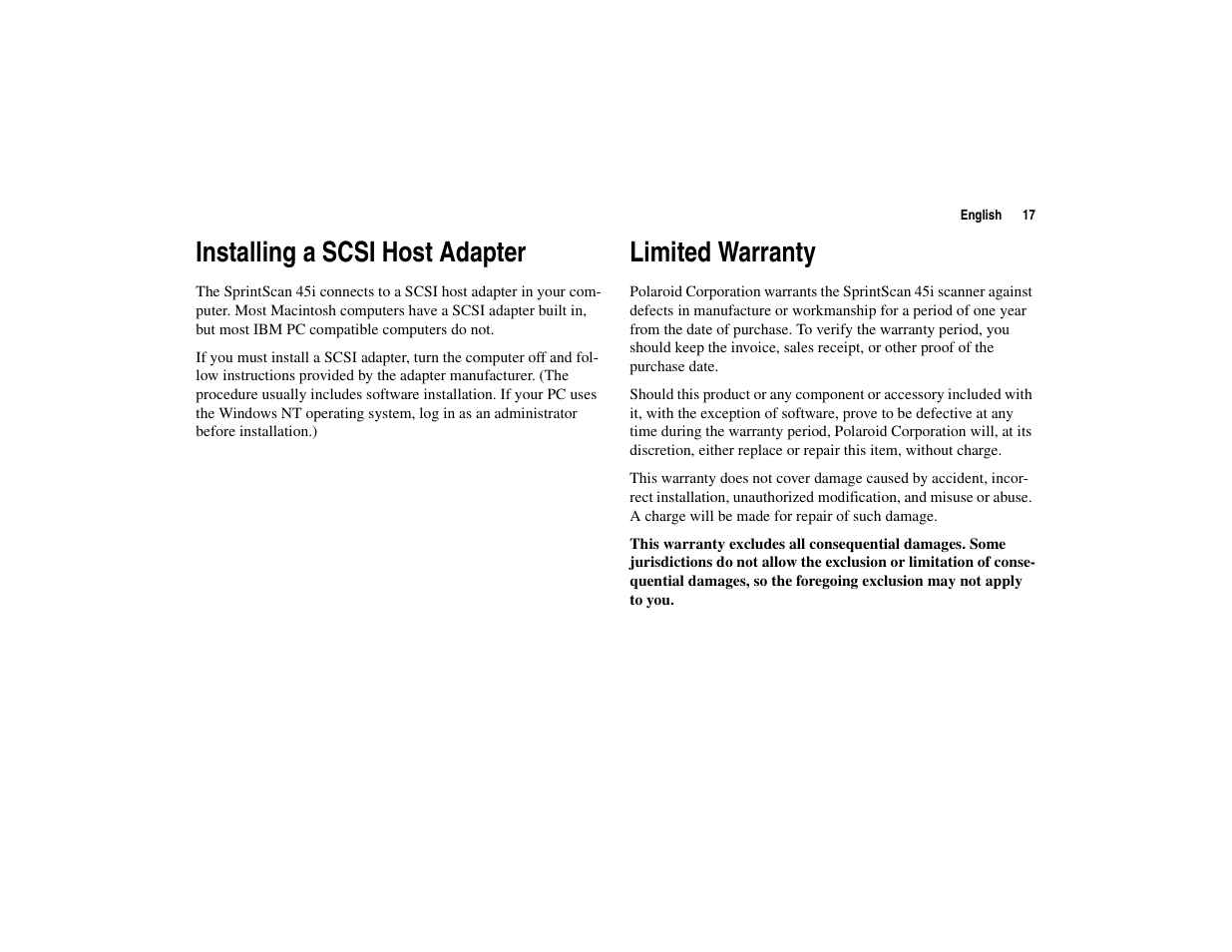 Installing a scsi host adapter, Limited warranty | Polaroid 45I User Manual | Page 17 / 18