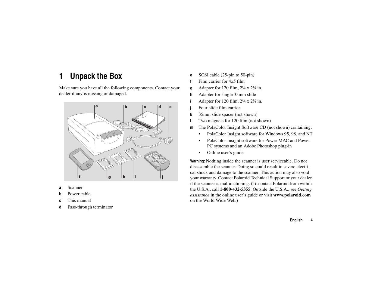 1 unpack the box | Polaroid 45I User Manual | Page 4 / 18