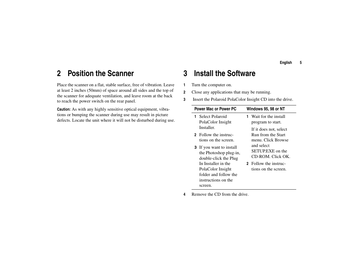 2 position the scanner, 3 install the software | Polaroid 45I User Manual | Page 5 / 18