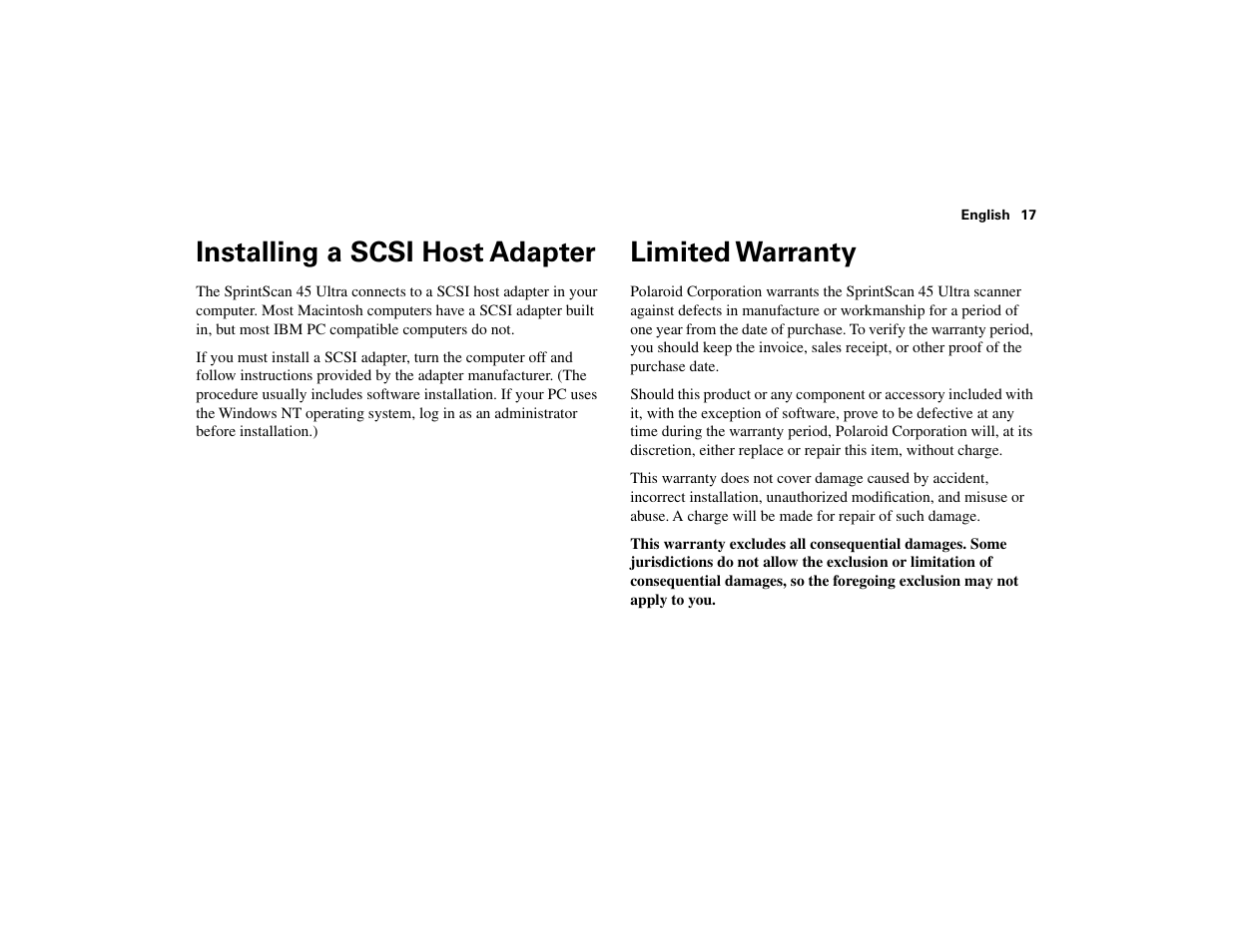 Installing a scsi host adapter, Limited warranty | Polaroid 45 Ultra User Manual | Page 16 / 22