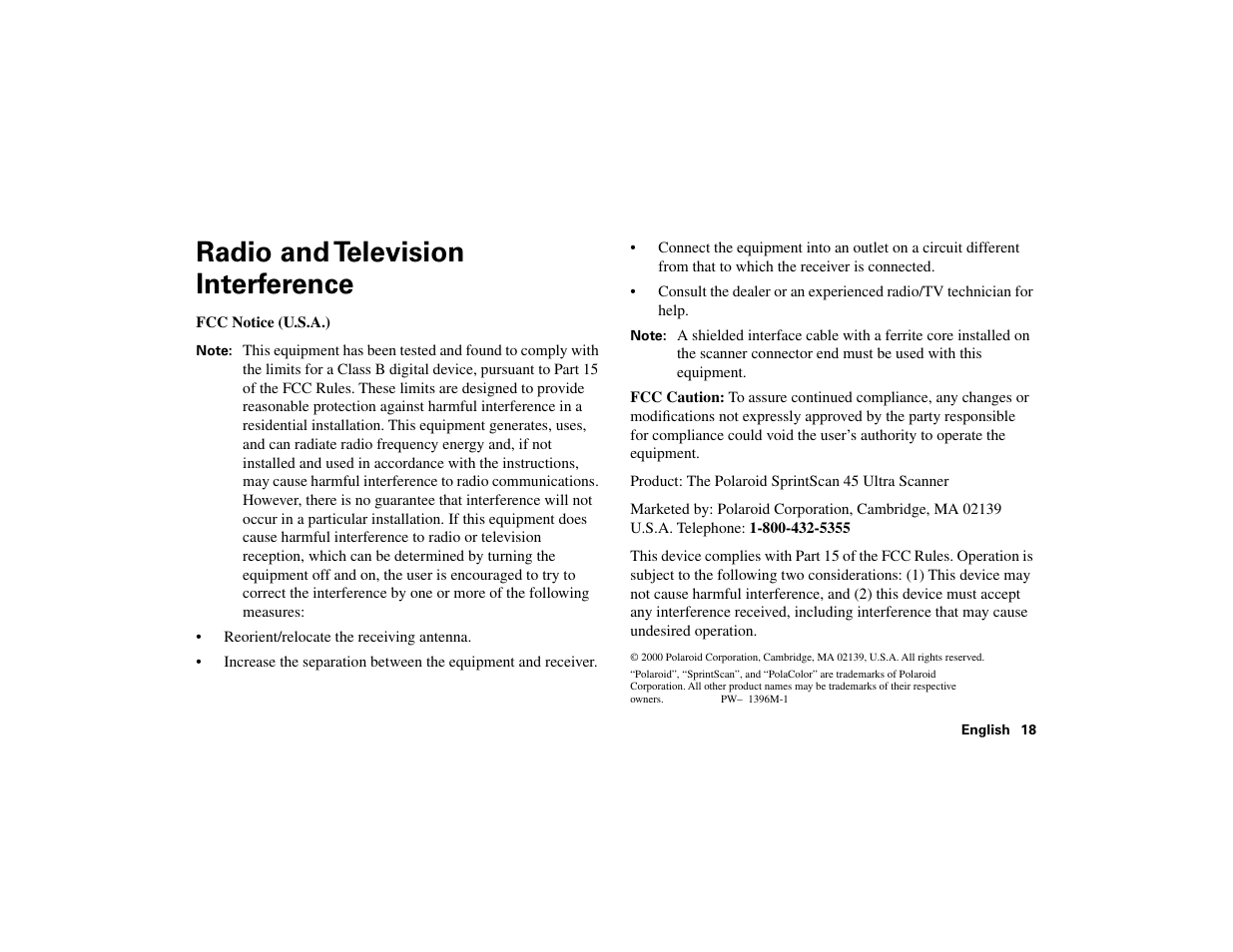 Radio and television interference | Polaroid 45 Ultra User Manual | Page 17 / 22