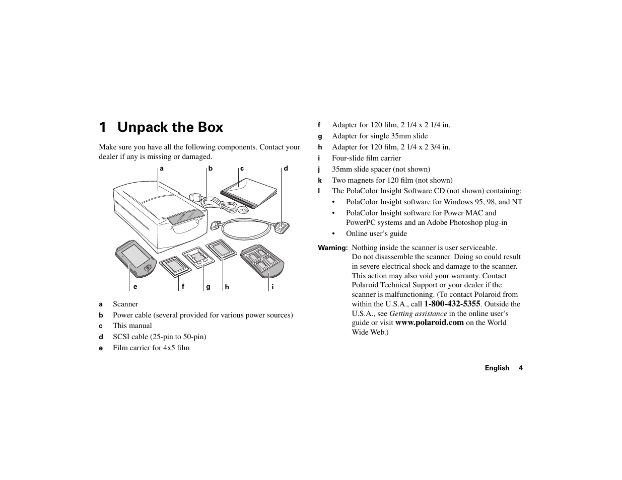 1 unpack the box | Polaroid 45 Ultra User Manual | Page 3 / 22