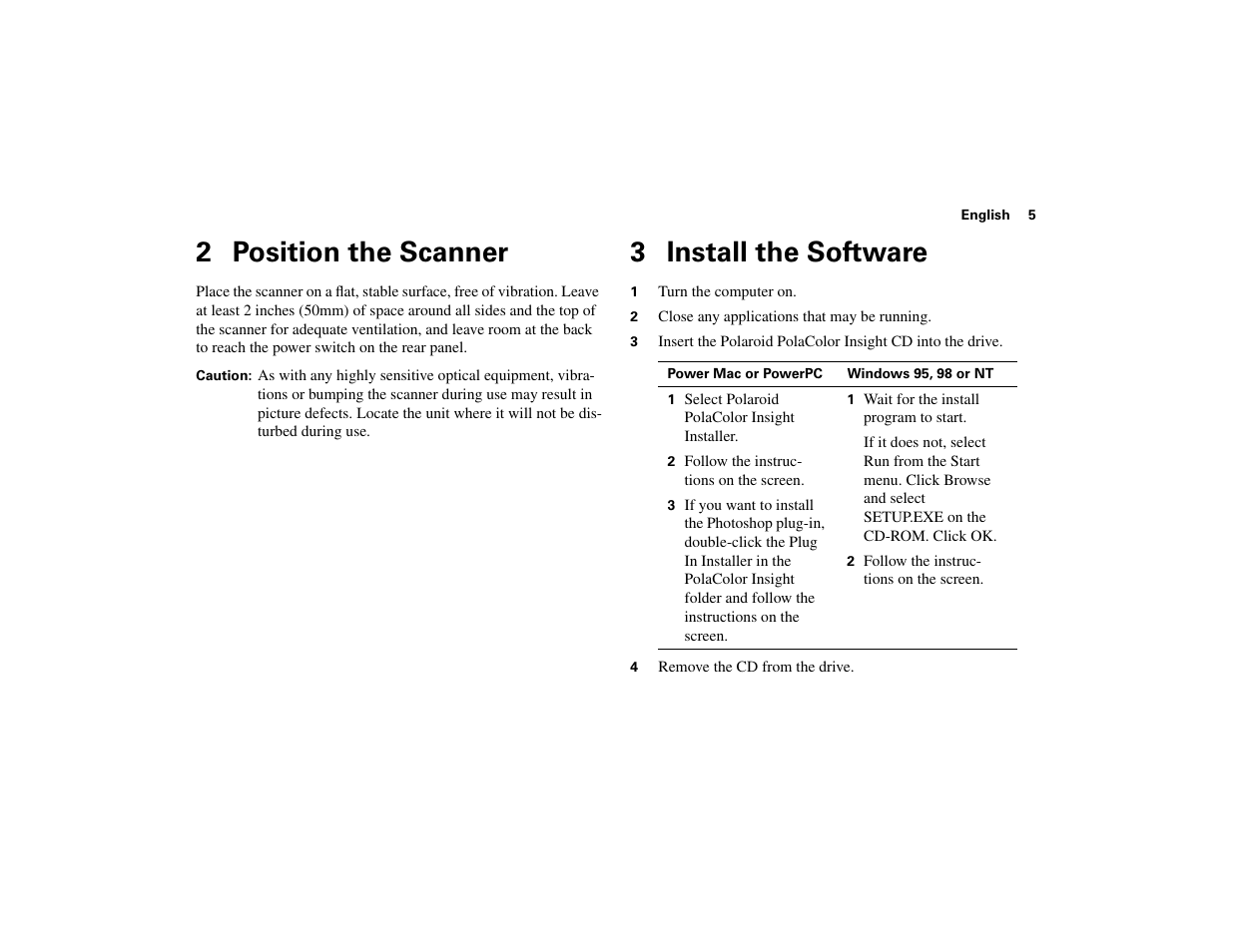 2 position the scanner, 3 install the software | Polaroid 45 Ultra User Manual | Page 4 / 22