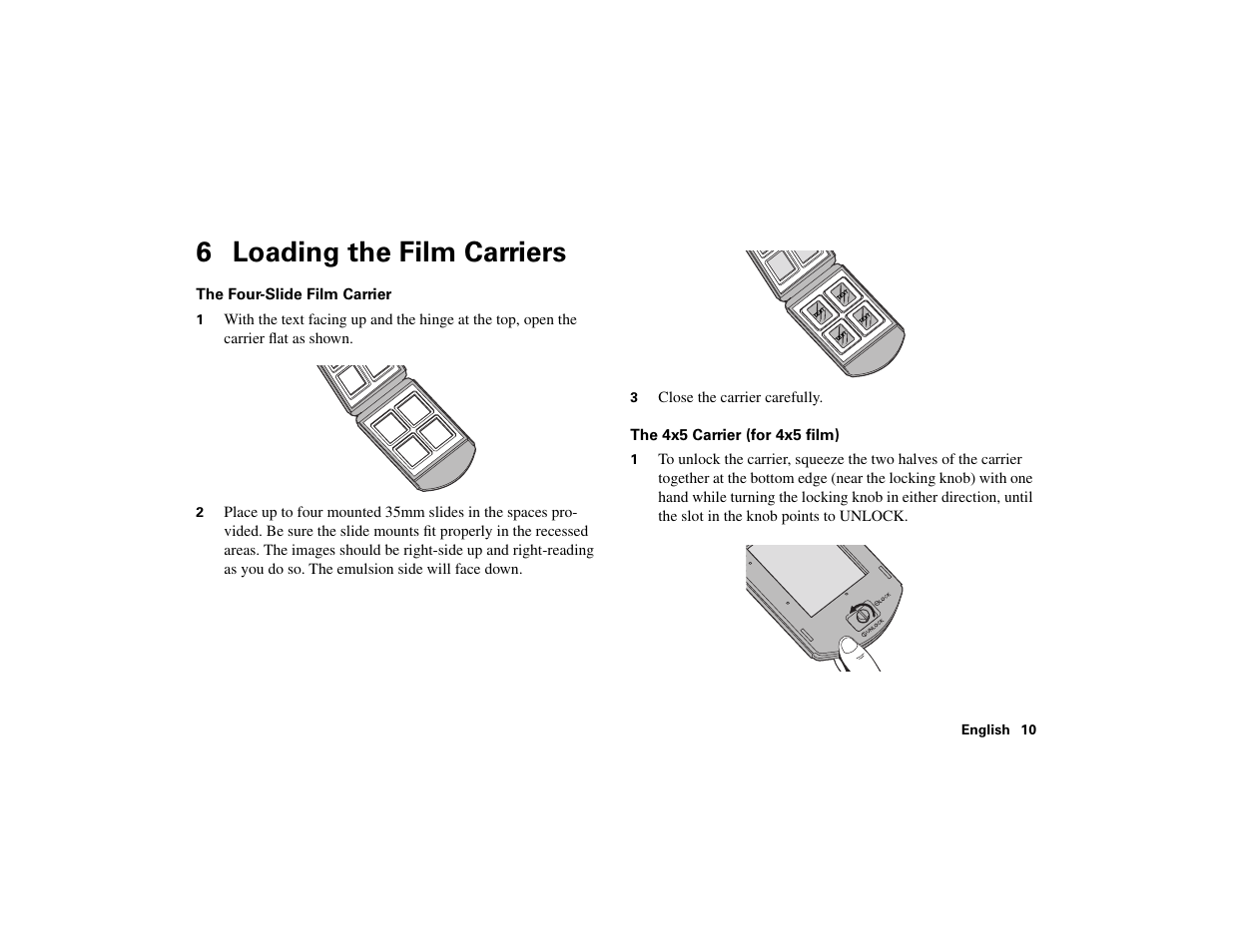6 loading the film carriers | Polaroid 45 Ultra User Manual | Page 9 / 22