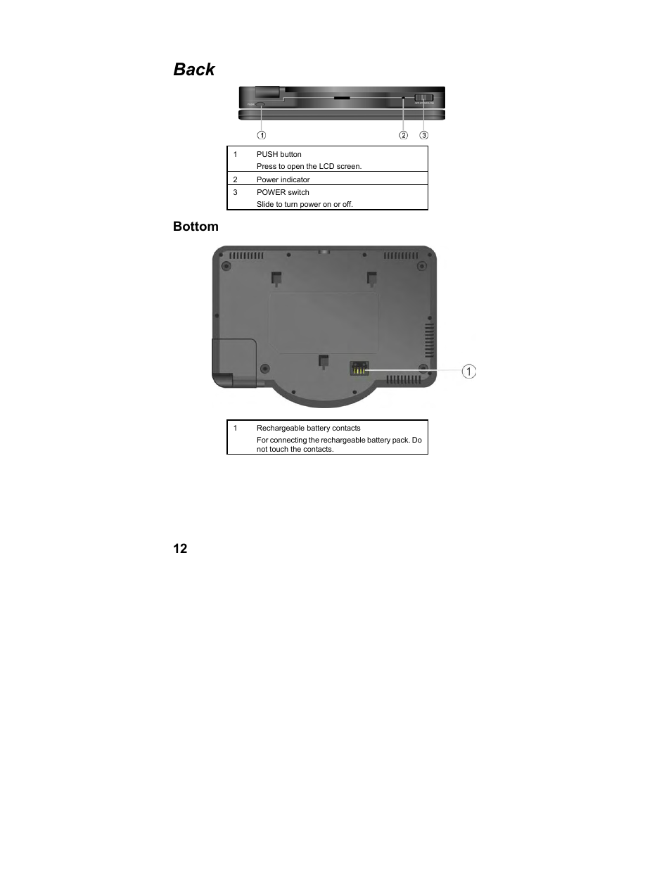 Back, Bottom | Polaroid MGX-0560 User Manual | Page 13 / 69