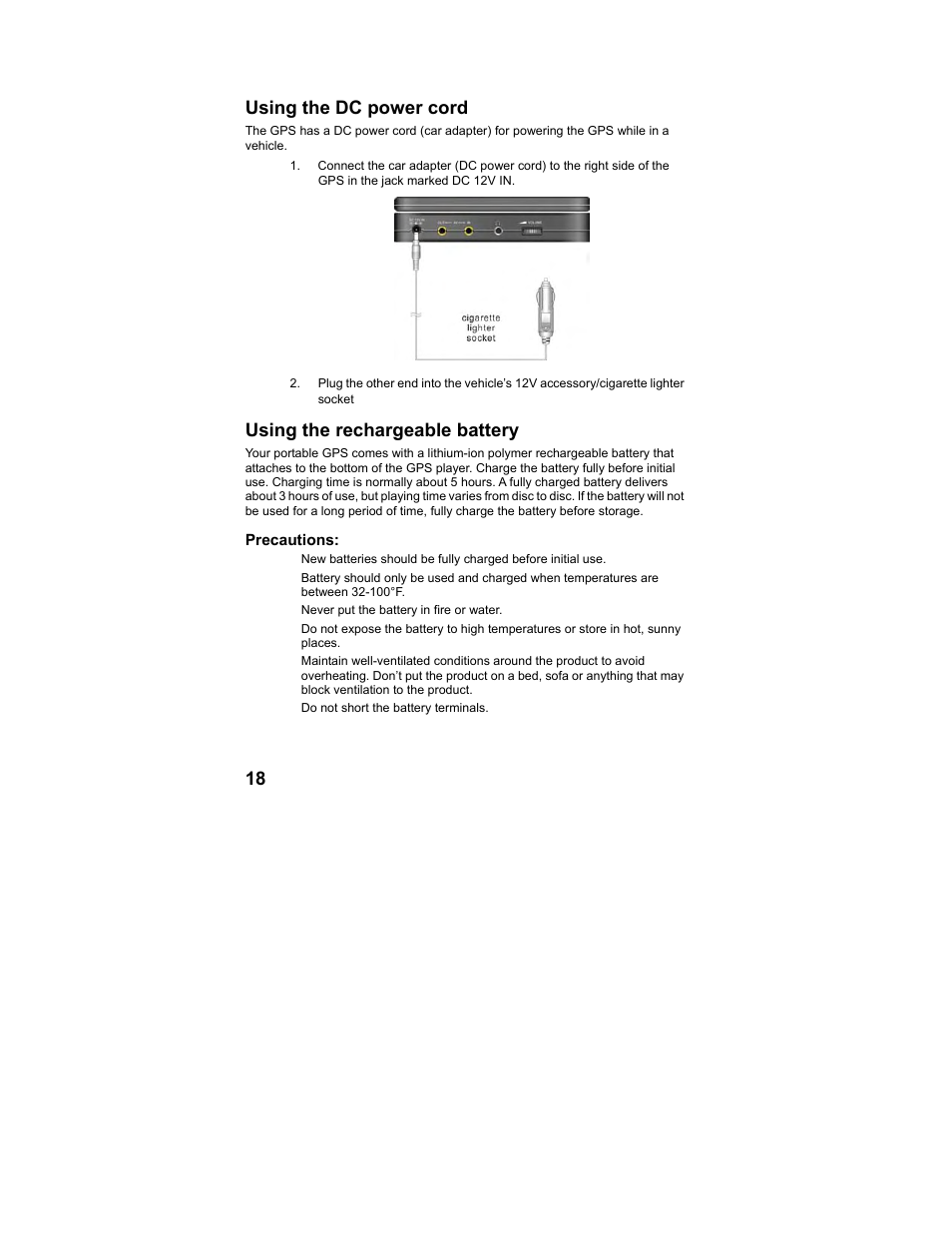 18 using the dc power cord, Using the rechargeable battery | Polaroid MGX-0560 User Manual | Page 19 / 69