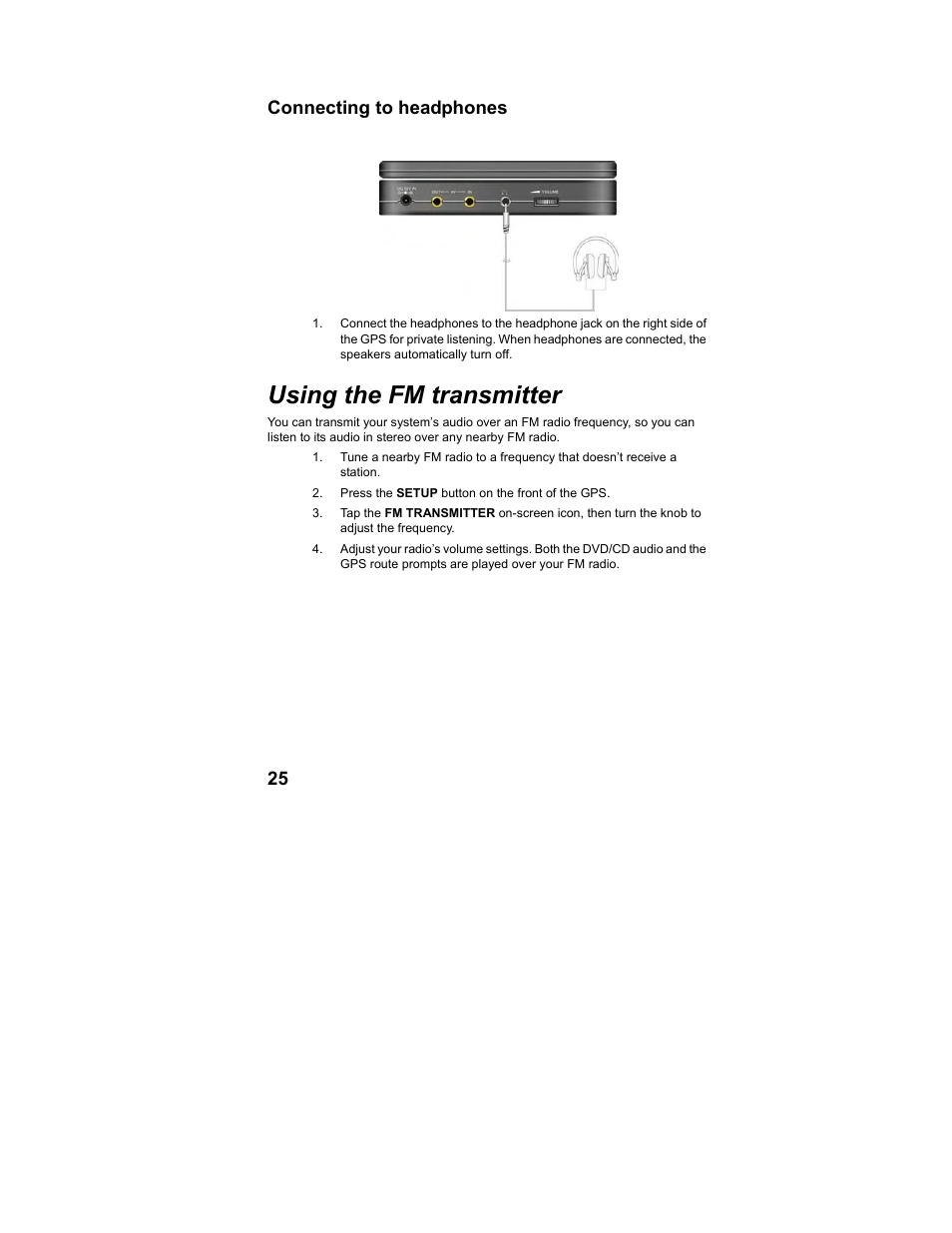 Using the fm transmitter, 25 connecting to headphones | Polaroid MGX-0560 User Manual | Page 26 / 69