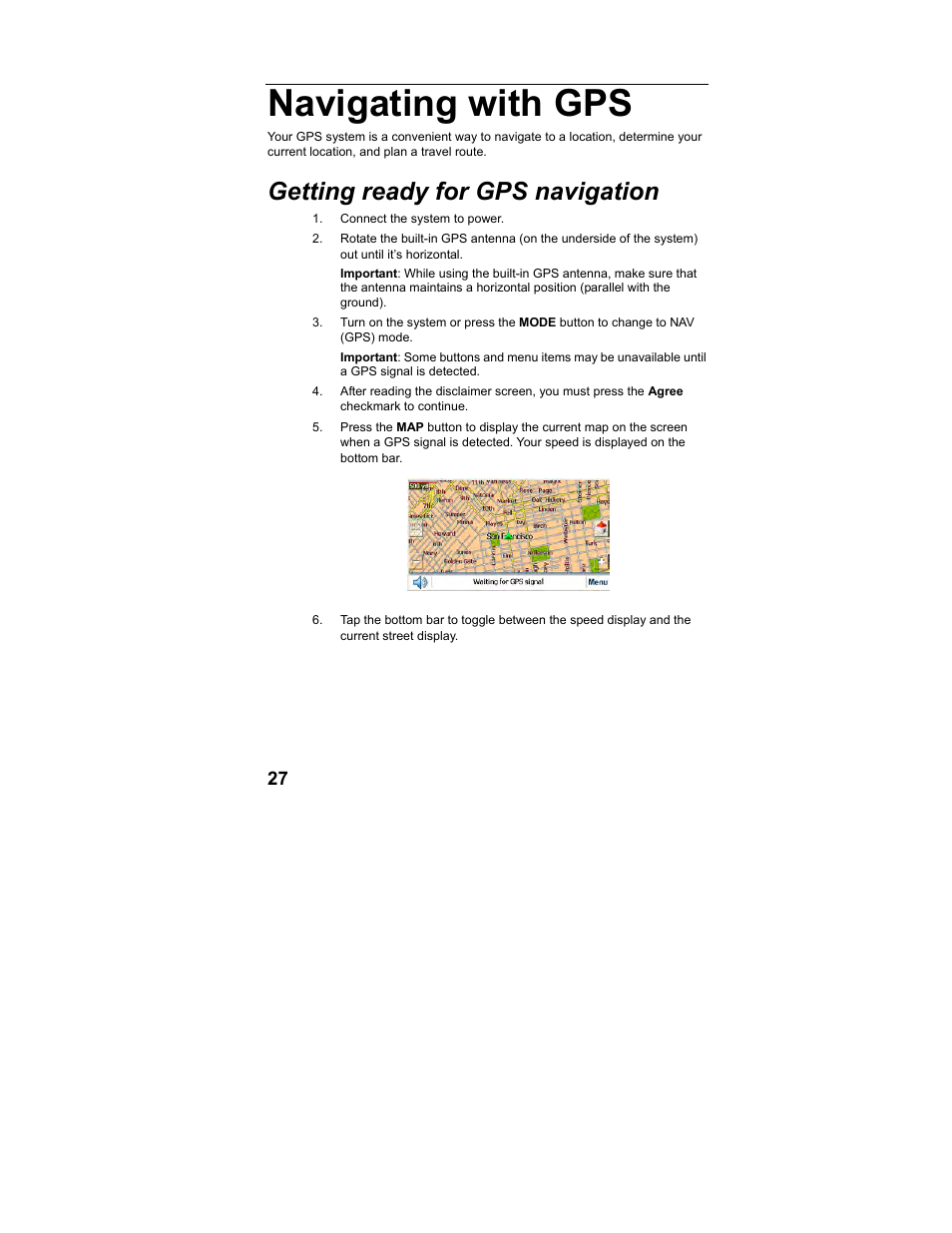 Navigating with gps, Getting ready for gps navigation | Polaroid MGX-0560 User Manual | Page 28 / 69