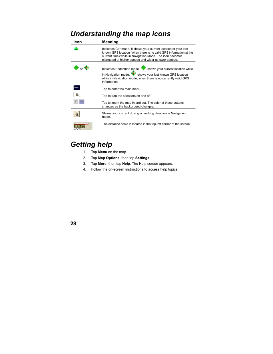 Understanding the map icons, Getting help | Polaroid MGX-0560 User Manual | Page 29 / 69