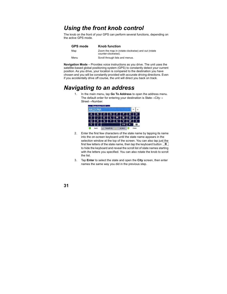 Using the front knob control, Navigating to an address | Polaroid MGX-0560 User Manual | Page 32 / 69