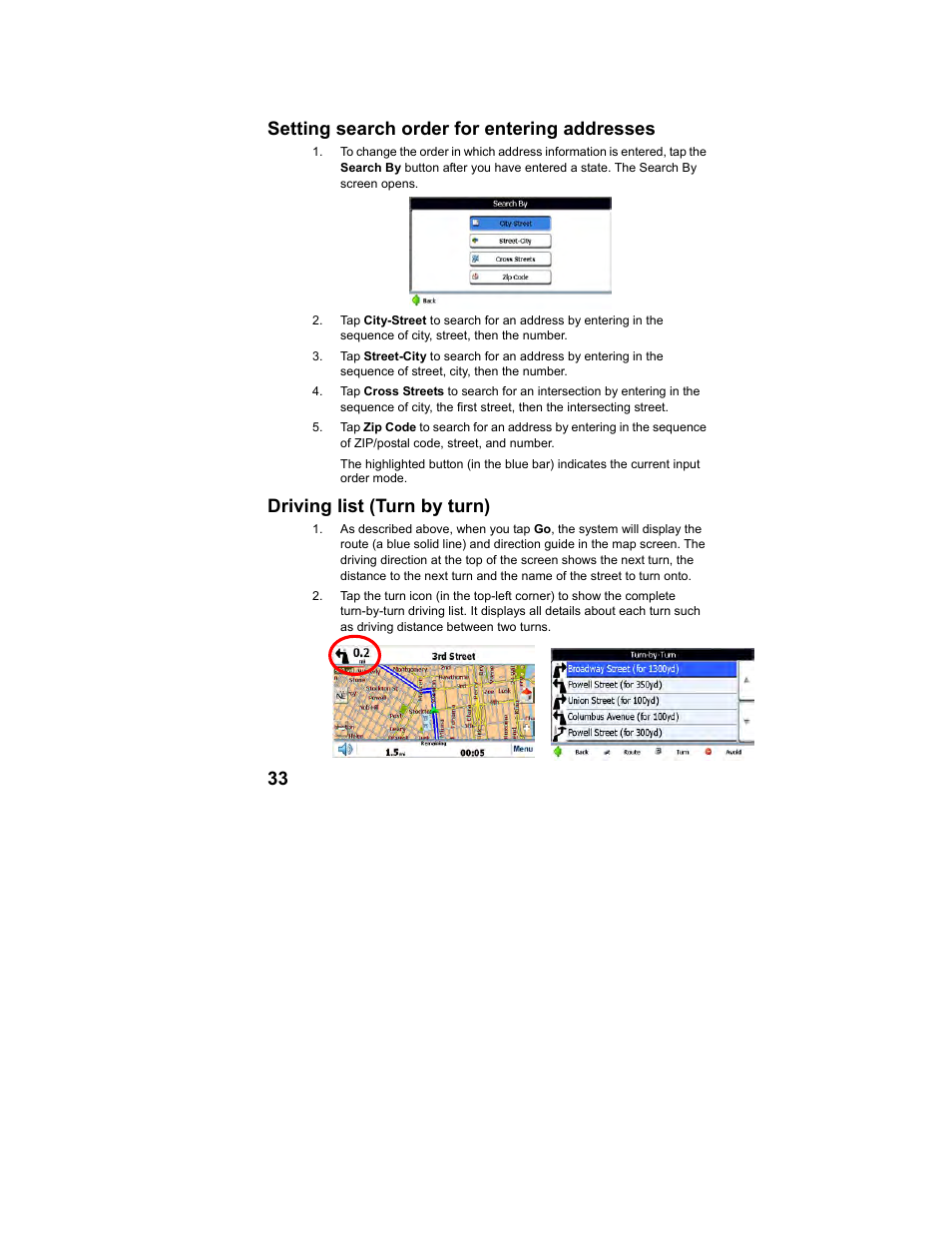 33 setting search order for entering addresses, Driving list (turn by turn) | Polaroid MGX-0560 User Manual | Page 34 / 69