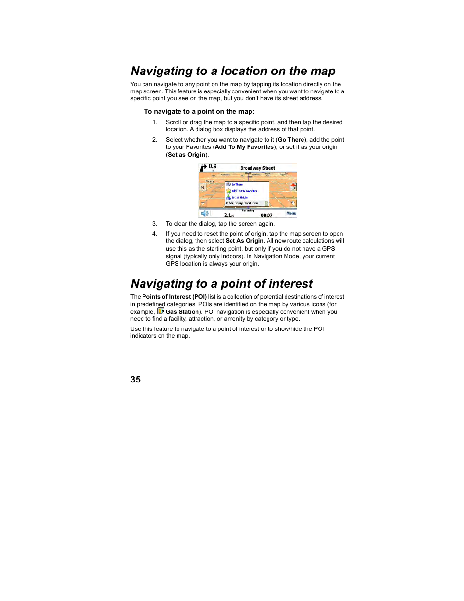 Navigating to a location on the map, Navigating to a point of interest | Polaroid MGX-0560 User Manual | Page 36 / 69