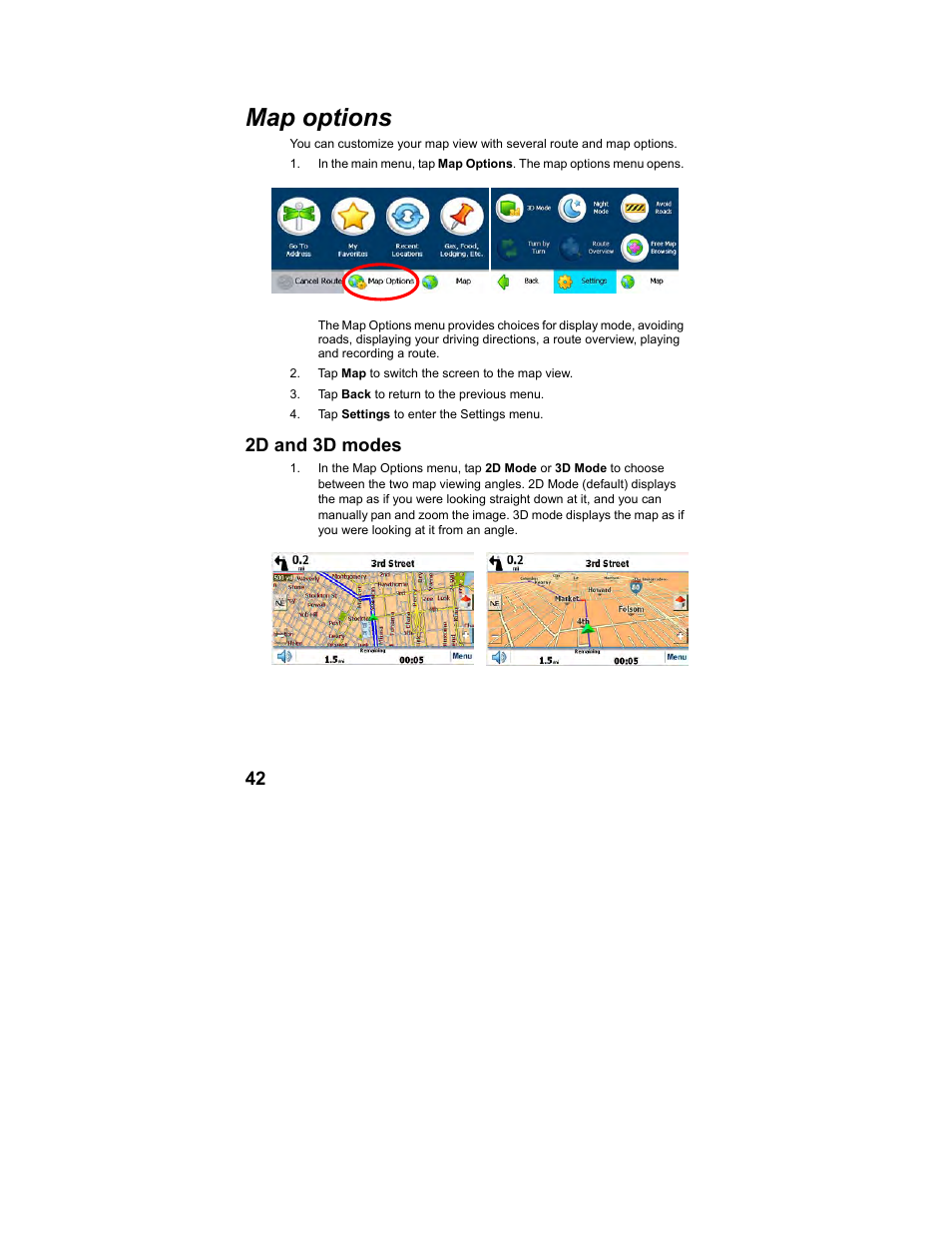 Map options, 2d and 3d modes | Polaroid MGX-0560 User Manual | Page 43 / 69