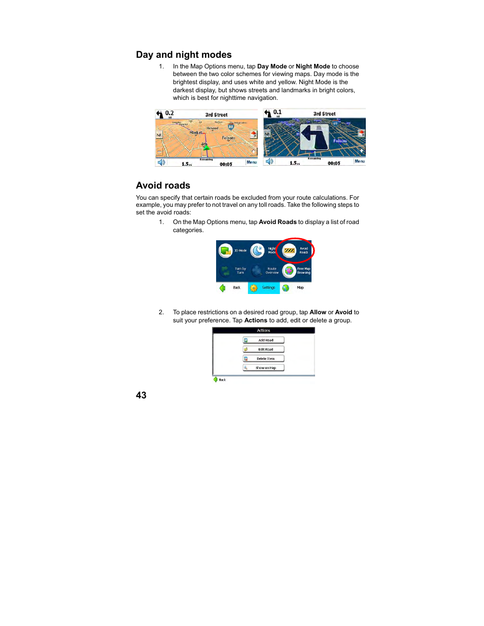 43 day and night modes, Avoid roads | Polaroid MGX-0560 User Manual | Page 44 / 69