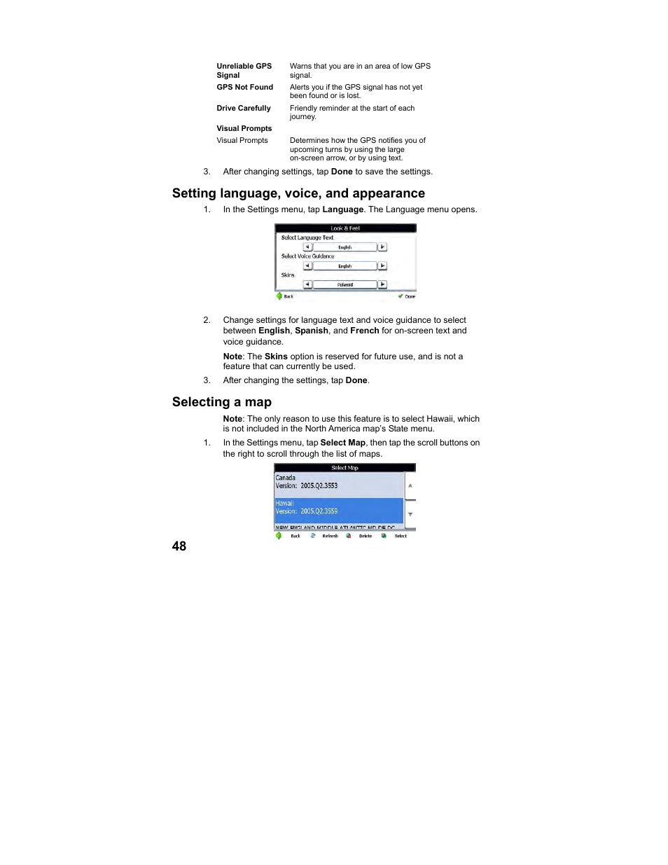 Setting language, voice, and appearance, Selecting a map | Polaroid MGX-0560 User Manual | Page 49 / 69