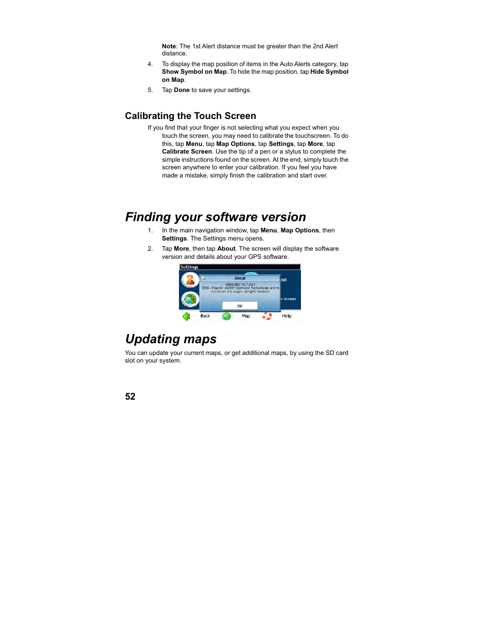 Finding your software version, Updating maps, Calibrating the touch screen | Polaroid MGX-0560 User Manual | Page 53 / 69