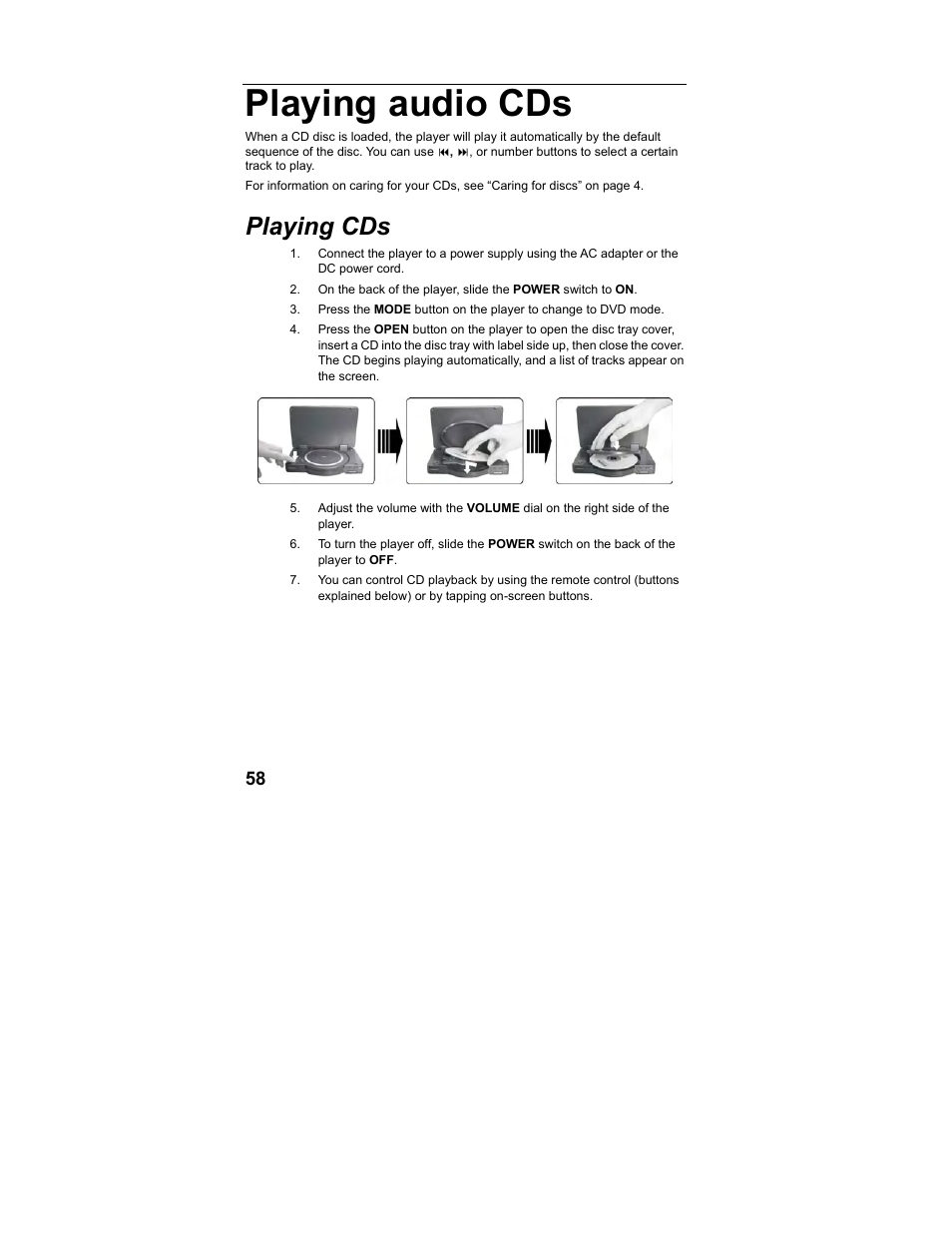 Playing audio cds, Playing cds | Polaroid MGX-0560 User Manual | Page 59 / 69