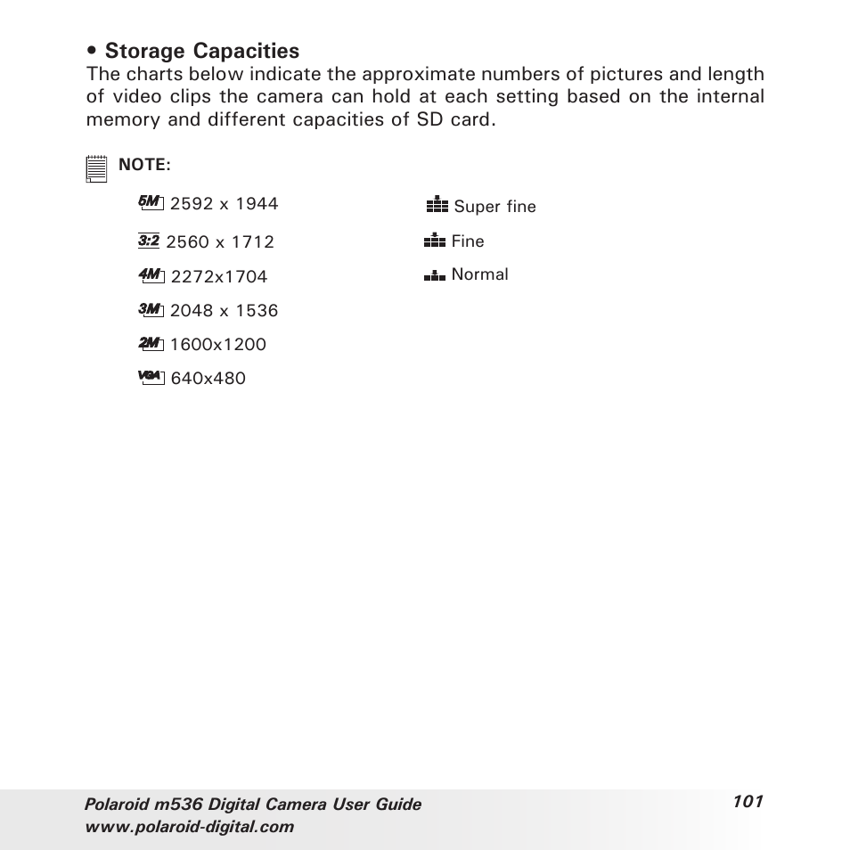 Storage capacities | Polaroid m536 User Manual | Page 101 / 111