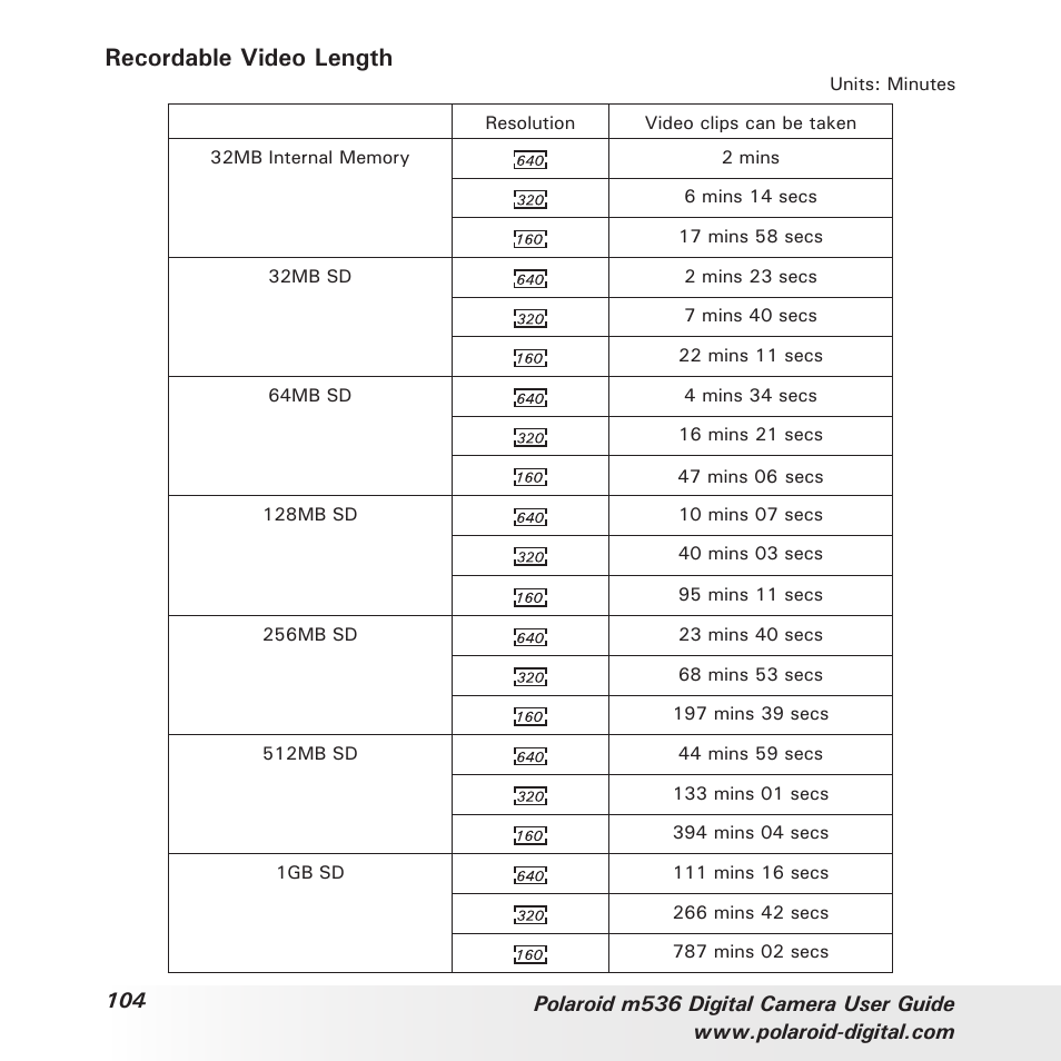 Recordable video length | Polaroid m536 User Manual | Page 104 / 111
