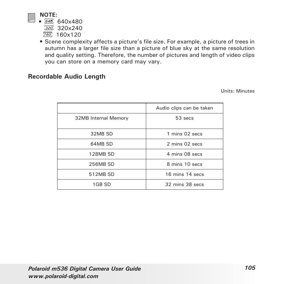 Recordable audio length | Polaroid m536 User Manual | Page 105 / 111