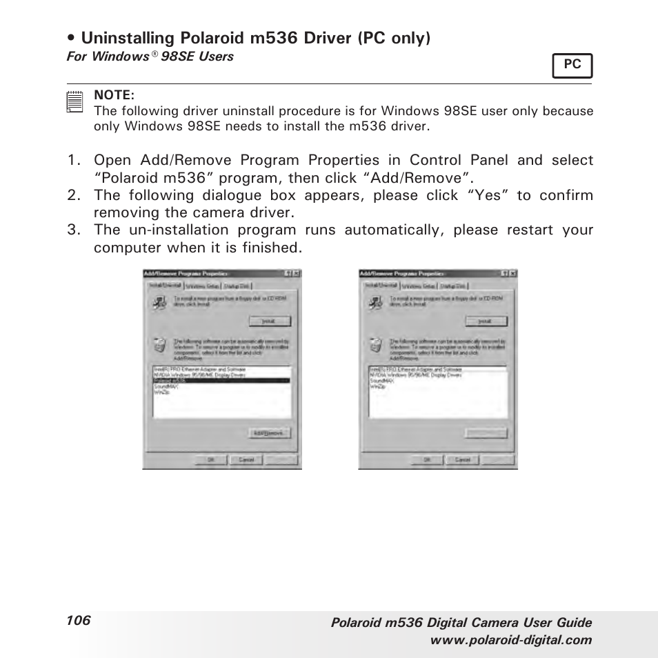 Uninstalling polaroid m536 driver (pc only) | Polaroid m536 User Manual | Page 106 / 111